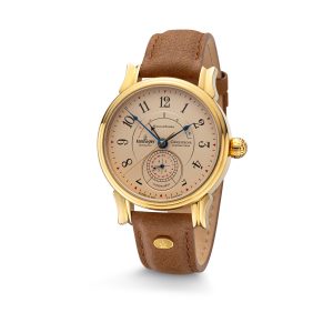 Conquistador" automatic watch with gold plated case, large Arabic numerals and light brown suede strap