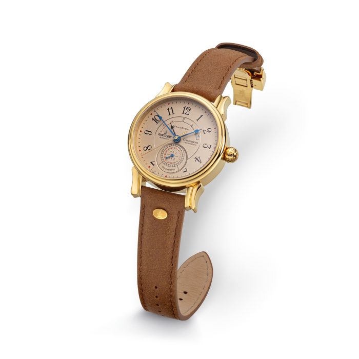 Conquistador" automatic watch with gold plated case, large Arabic numerals and light brown suede strap