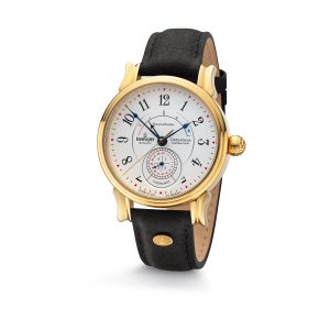 Conquistador" automatic watch with gold plated case, large Arabic numerals and black suede strap