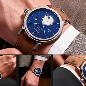 Image collage of wristshots of the automatic watch "Einstein Relativity" in steel-blue with brown suede strap.