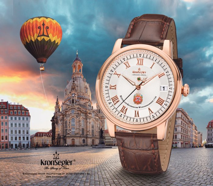 Rose gold-plated wristwatch from the "Dresden Green II" series in front of the Frauenkirche on the Neumarkt in Dresden.