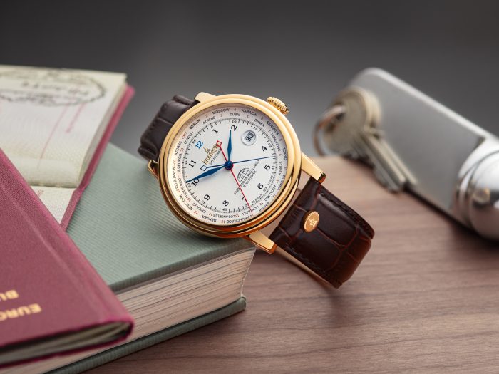 The gold and white model of the "Magallanes" automatic watch lies between your passport, books and room key.